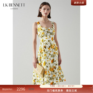 LK BENNETT黄色印花无袖连衣裙方领度假风清新浪漫吊带裙