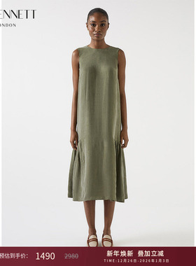 lkbennett绿色无袖连衣裙女2025年秋新款休闲圆领宽松压褶长裙