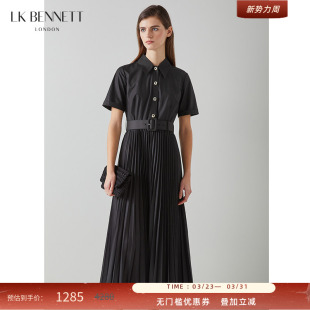 LK BENNETT黑色连衣裙春夏新款腰带高级感短袖茶歇法式百褶裙