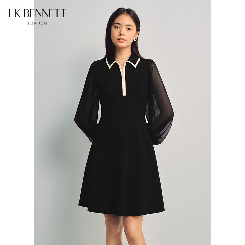 LK BENNETT黑色连衣裙女春秋23新款polo领长袖收腰a字裙通勤气质