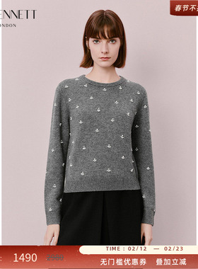 LK BENNETT灰色100%绵羊毛针织衫2025冬款时尚百搭钉珠套头上衣