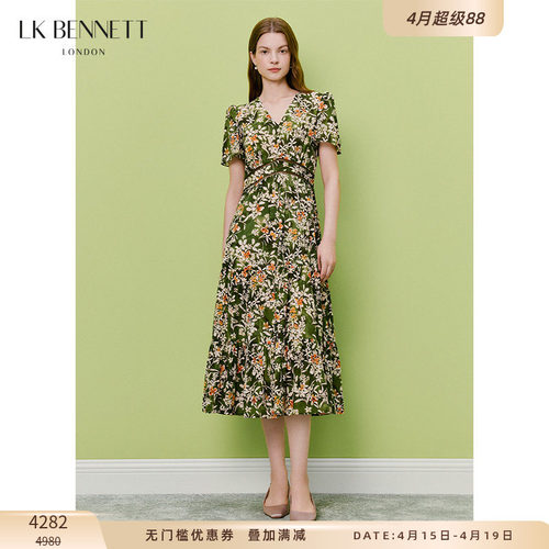 LK油画感收腰A摆连衣裙真丝混纺