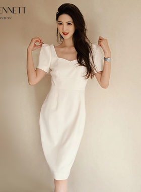 【明星同款】LK BENNETT白色连衣裙子女春夏短袖气质修身订婚礼服