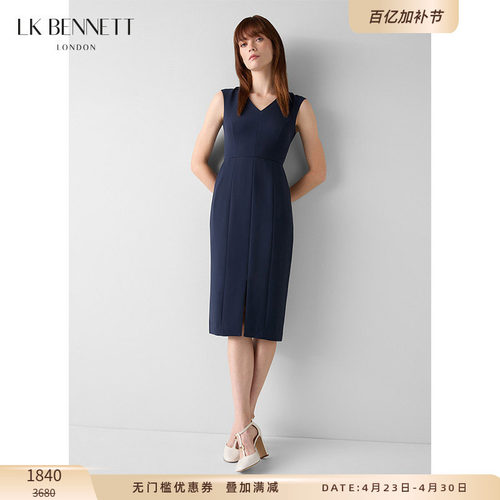 LK BENNETT深蓝色无袖连衣裙秋季新款简约v领气质通勤收腰