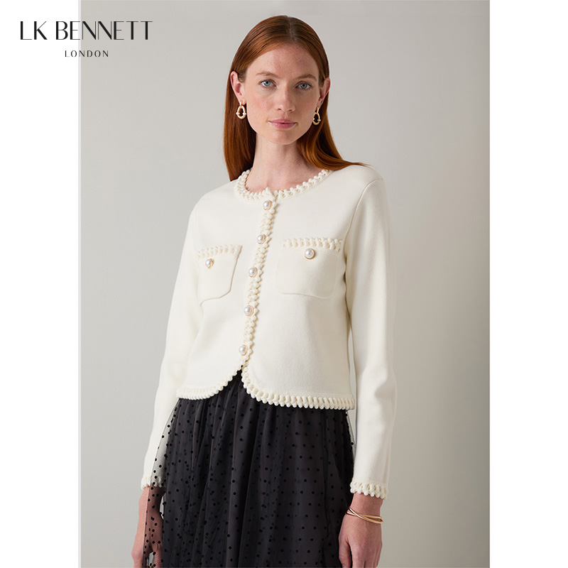lkbennet米色针织开衫女2025年秋新款绵羊毛小香风花边领口短外套