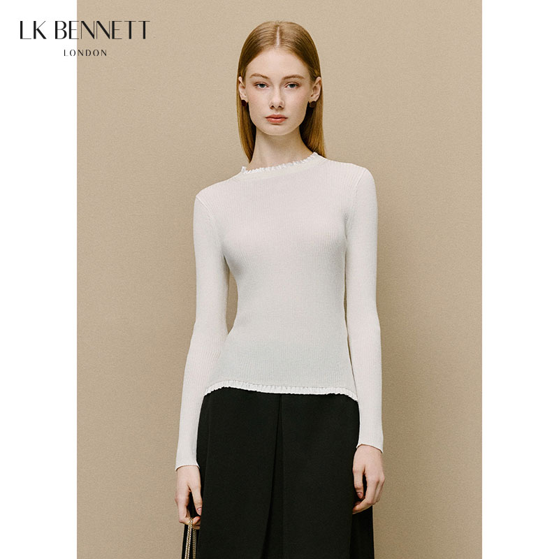 LK BENNETT米色针织套头衫女春新款圆领木耳边修身打底衫
