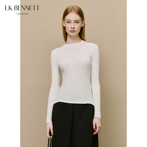 LK BENNETT米色针织套头衫女春新款圆领木耳边修身打底衫