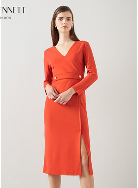 LK BENNETT橙色修身连衣裙女秋冬23新款v领长袖收腰职场正装小礼