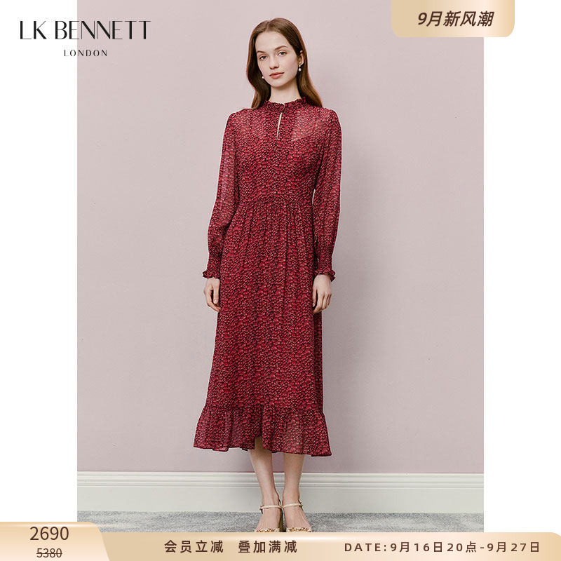 LK BENNETT红色印花连衣裙女春新款优雅木耳边领真丝长裙