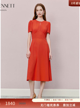 LK BENNETT红色连衣裙女2025年夏季新款法式纯色收腰圆领泡泡袖