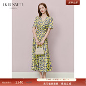 收腰抽褶气质桑蚕丝混纺 BENNETT黄色v领连衣裙泼墨印花法式