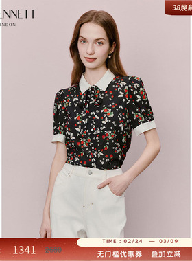 LK BENNETT黑色印花上衣2025年夏新款撞色领桑蚕丝法式优雅衬衫