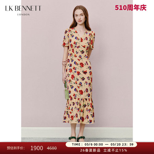 LK BENNETT印花鱼尾连衣裙夏新款法式v领修身收腰显瘦长款