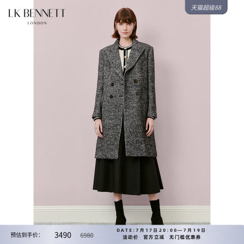 【吴谨言同款】LK BENNETT灰色棉羊毛大衣中长鱼骨纹西装翻领