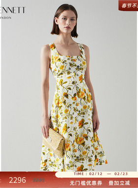 LK BENNETT黄色印花无袖连衣裙女夏季方领收腰a字中裙度假风吊带