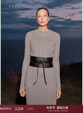 LK BENNETT月光灰色修身连衣裙秋新款针织半高领腰带设计