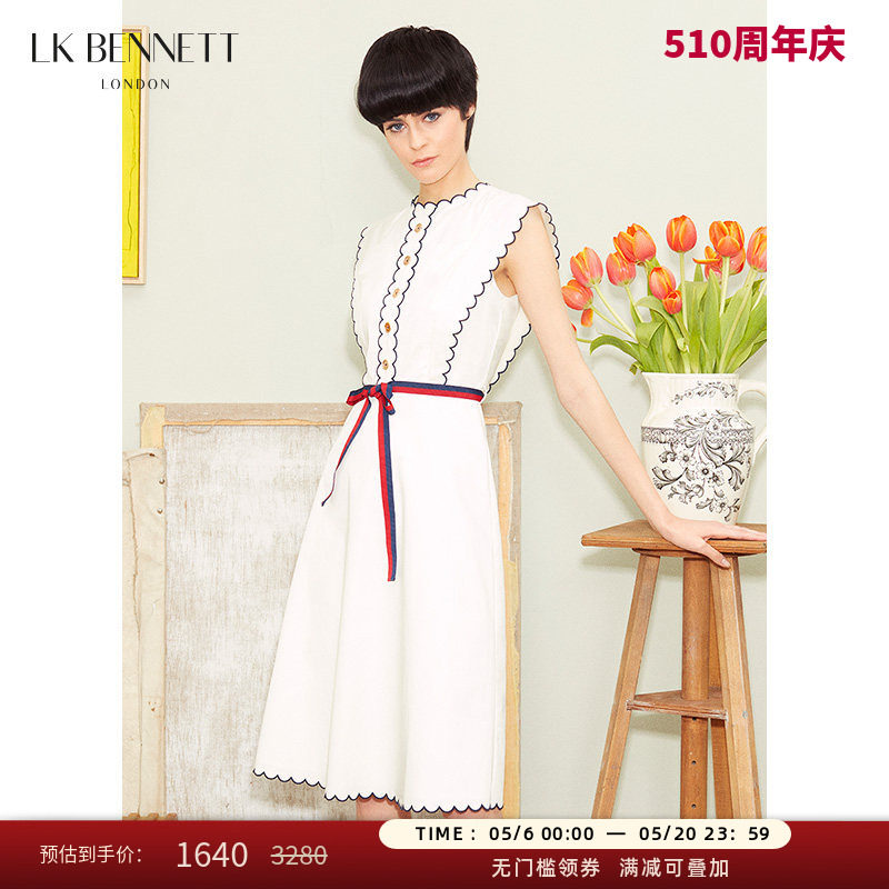 LK BENNETT白色法式连衣裙女夏无袖刺绣棉文艺感度假风长裙
