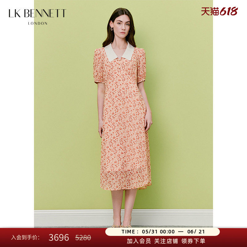 【真丝】LK BENNETT红色碎花连衣裙女26夏新款法式复古娃娃领撞色