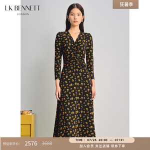 【朱珠同款】LK BENNETT黑色碎花连衣裙女春v领收腰优雅印花长裙