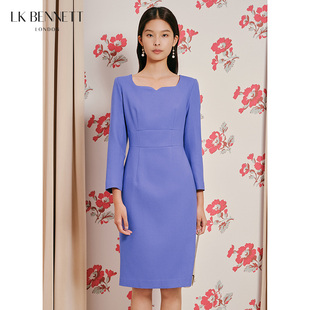 LK BENNETT紫色羊毛连衣裙女冬季23新款长袖收腰修身商务礼服裙