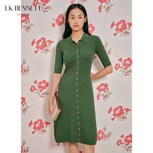 LK BENNETT绿色针织连衣裙女春秋中袖polo领修身收腰a字中裙通勤