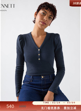 LK BENNETT深蓝色针织v领上衣女2025年春新款显瘦修身泡泡肩打底