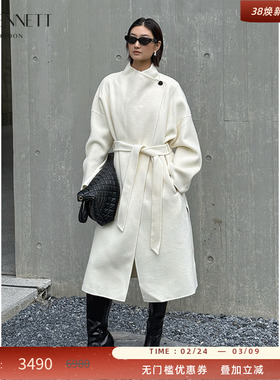 LK BENNETT白色羊毛大衣女2025年冬季新款收腰系带气质毛呢外套