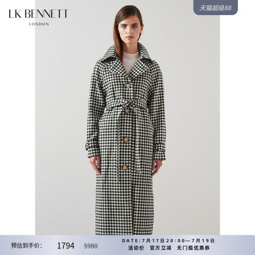 LK BENNETT黑色格子风衣女长款新款春季英伦风绵羊毛外套宽松