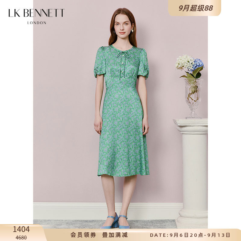 LK BENNETT绿色连衣裙夏新款精致珠扣独特印花蝴蝶结连衣裙图片