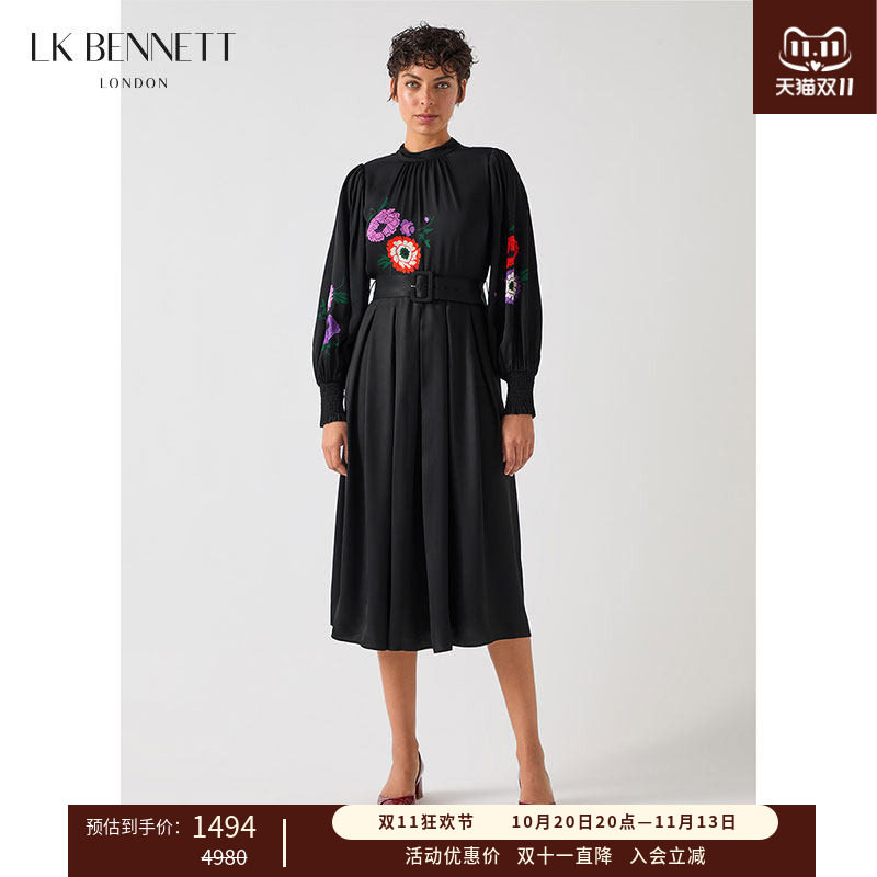 LK BENNETT黑色印花连衣裙女年冬半高领灯笼袖设计感优雅长裙