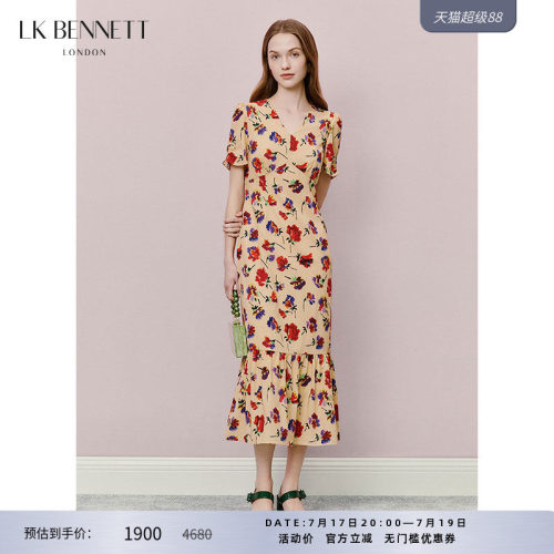 LK BENNETT印花鱼尾连衣裙夏新款法式v领修身收腰显瘦长款
