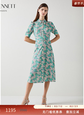 LK BENNETT绿色印花连衣裙秋新款优雅湖绿色翻领腰带连衣裙