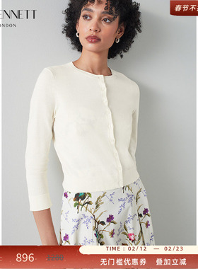 LK BENNETT白色纯棉针织开衫女春23新款圆领短款柔软外搭裙子薄款