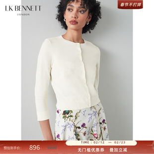 LK BENNETT白色纯棉针织开衫女春23新款圆领短款柔软外搭裙子薄款