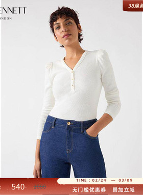 LK BENNETT白色V领长袖针织汗衫2025年春新款修身显瘦简约打底衫