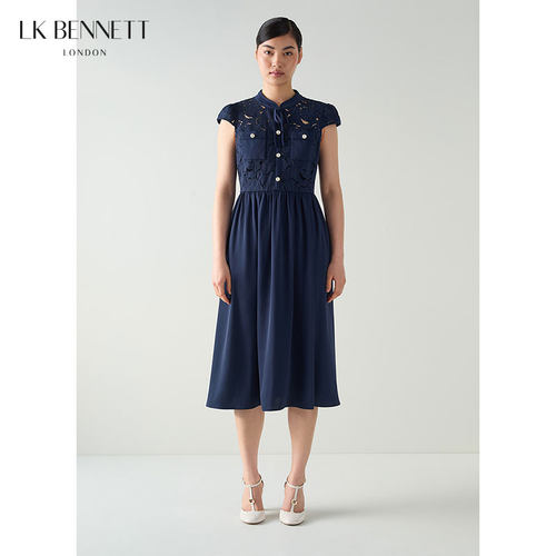 LK BENNETT深蓝色连衣裙夏季新款小立领绣花镂空气质中长款