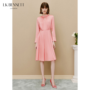 LK BENNETT粉色真丝连衣裙女新款春夏法式优雅长袖桑蚕丝礼服