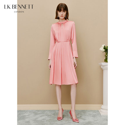 lkbennett粉色真丝连衣裙女2024新款春夏法式优雅长袖桑蚕丝礼服