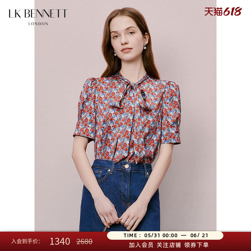 LK BENNETT红色印花上衣夏新款系带领短袖法式优雅衬衫
