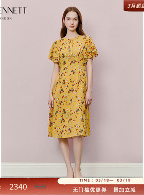 LK BENNETT黄色印花连衣裙2025年夏新款圆领收腰荷叶边袖法式优雅