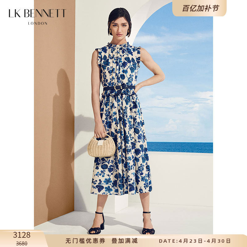 LK BENNETT蓝色立领印花裙夏季新款纯棉无袖荷叶边a字连衣