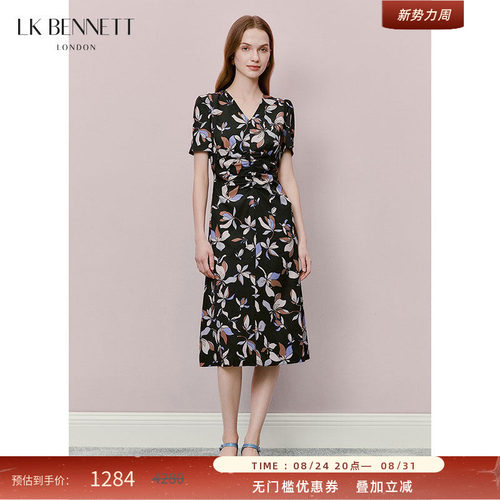 LK BENNETT黑色印花连衣裙夏新款连衣裙碎花V领气质