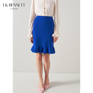 LK BENNETT宝蓝色针织半身裙女春季高腰短款修身荷叶边花苞裙