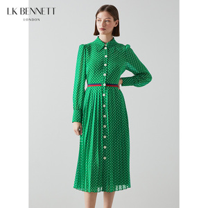 LK BENNETT绿色波点连衣裙女春秋长袖收腰衬衫裙长款百褶裙通勤
