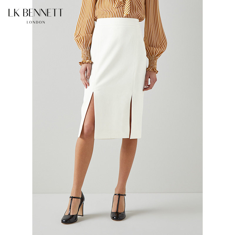 LK BENNETT白色通勤西装半身裙女新款高腰修身一步裙中裙开衩