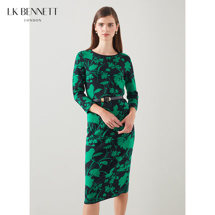 lkbennett23新品绿色针织连衣裙女秋冬圆领修身内搭毛衣裙长裙