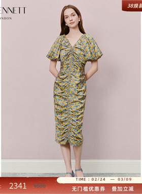 LK BENNETT黄色印花连衣裙2025年夏新款v领泡泡袖抽褶修身收腰显