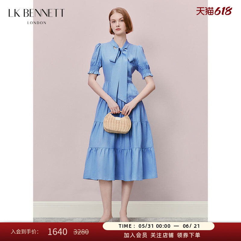 LK BENNETT蓝色飘带领连衣裙法式收腰泡泡袖蛋糕裙亚麻透气