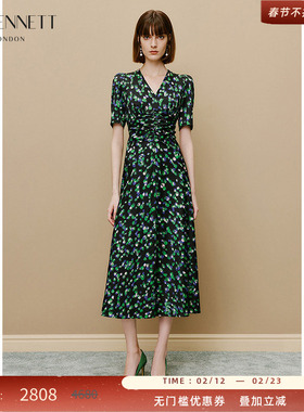 LK BENNETT绿色v领印花连衣裙女新款夏季法式收腰气质连衣裙