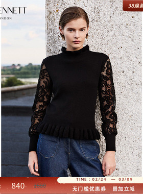 LK BENNETT黑色绵羊毛针织衫2025年秋冬新镂空蕾丝木耳边套头立领